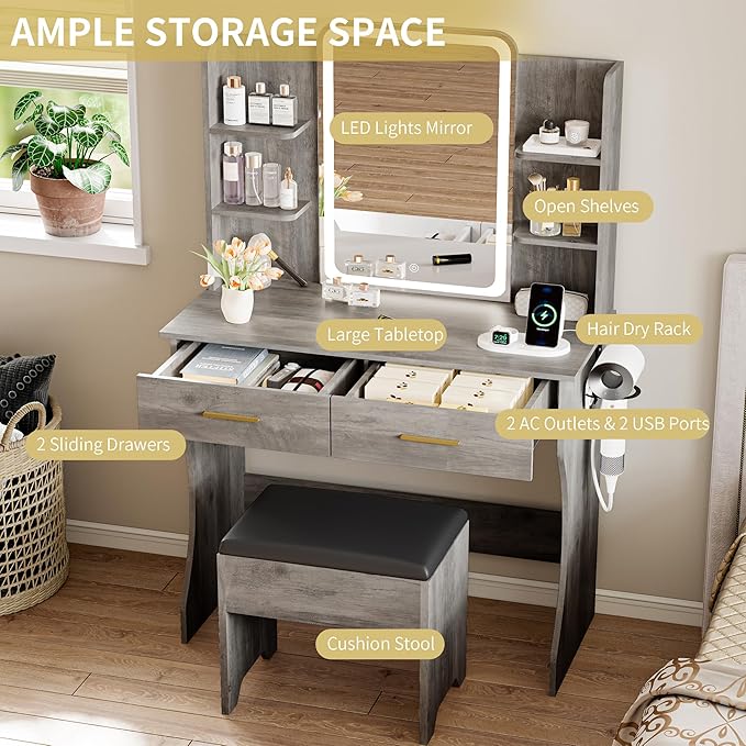 Vanity Desk with LED Lights Mirror & Power Outlet, Small Makeup Vanity Table Set with Storage Drawers & Chair, 3 Lighting Modes & Adjustable Brightness, Dressing Table for Women Girls Bedroom, Grey