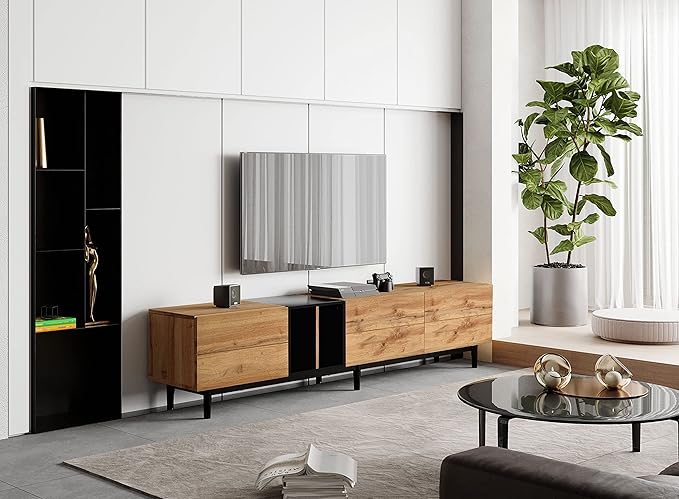 Merax Modern TV Entertainment Center with 3 Cabinets & Open Shelves, Wood TV Stand for TVs Up to 80” for Living Room Bedroom (Natural)