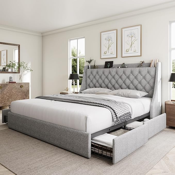 King Size Bed Frame with 4 Storage Drawers, Giant Upholstered Wingback Headboard, Fast Charging Station, No Box Spring Needed, Noise-Free, Light Gray