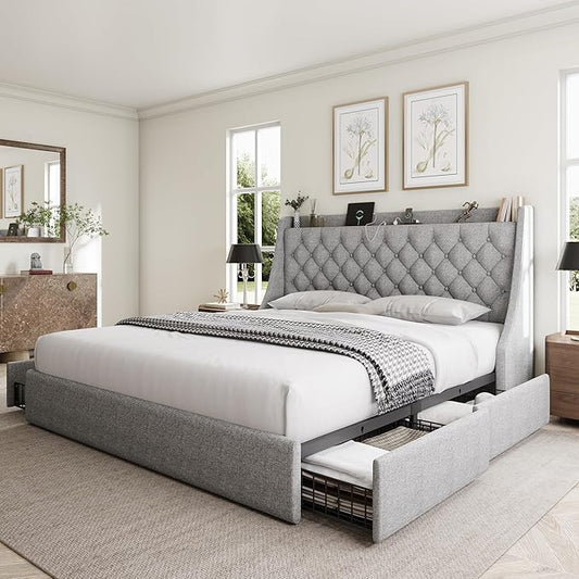 King Size Bed Frame with 4 Storage Drawers, Giant Upholstered Wingback Headboard, Fast Charging Station, No Box Spring Needed, Noise-Free, Light Gray