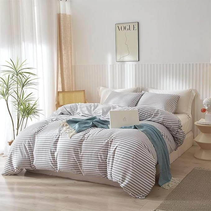 mixinni Striped Comforter Set Queen Size - Grey White Stripes Pattern Bed Set for Women and Men, 3 Pieces Lightweight Bedding Comforter Sets for All Seasons (1 Soft Fluffy Comforter + 2 Pillowcases)