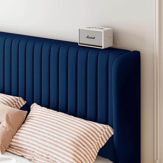 SHA CERLIN Queen Size Velvet Bed Frame with Vertical Channel Tufted Wingback Headboard, Upholstered Platform Bed with Wood Slats, No Box Spring Needed, Easy Assembly, Blue
