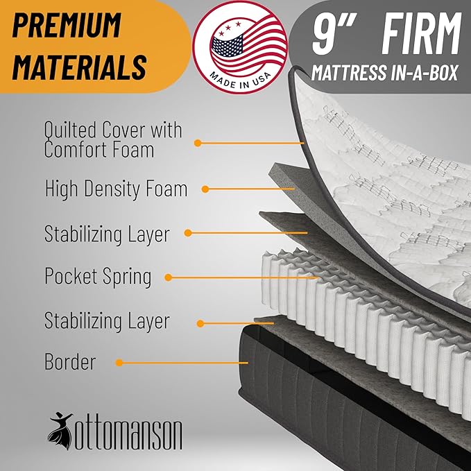 Ottomanson 9" Hybrid Twin Mattress - Rock Hard Feel - Made in USA - Individually Pocketed Coils & CertiPUR-US Foam - Fiberglass-Free - Bed in a Box