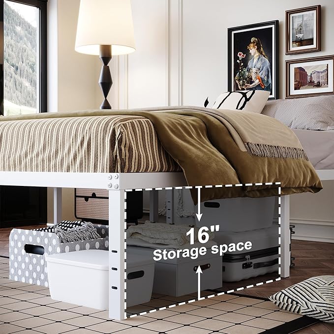 18 Inch King Bed Frame Heavy Duty Metal Platform No Box Spring Needed, Maximum Storage, Easy Assembly, Noise Free, White