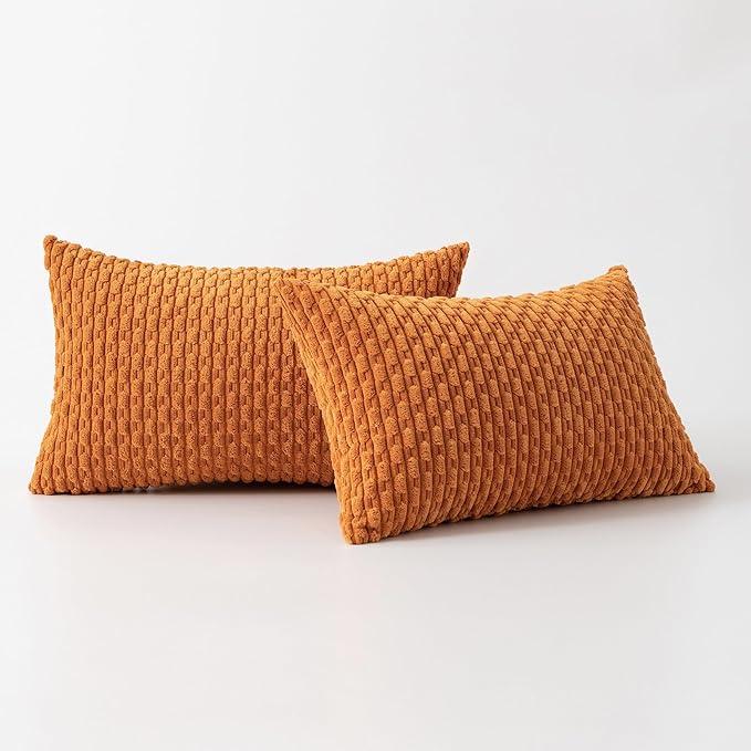 Kevin Textile Fall Throw Pillow Covers Soft Corduroy Decorative Set of 2 Boho Striped Pillow Covers Pillowcases Farmhouse Home Decor for Couch Bed Sofa Living Room 12x20 Inch Orange Yellow