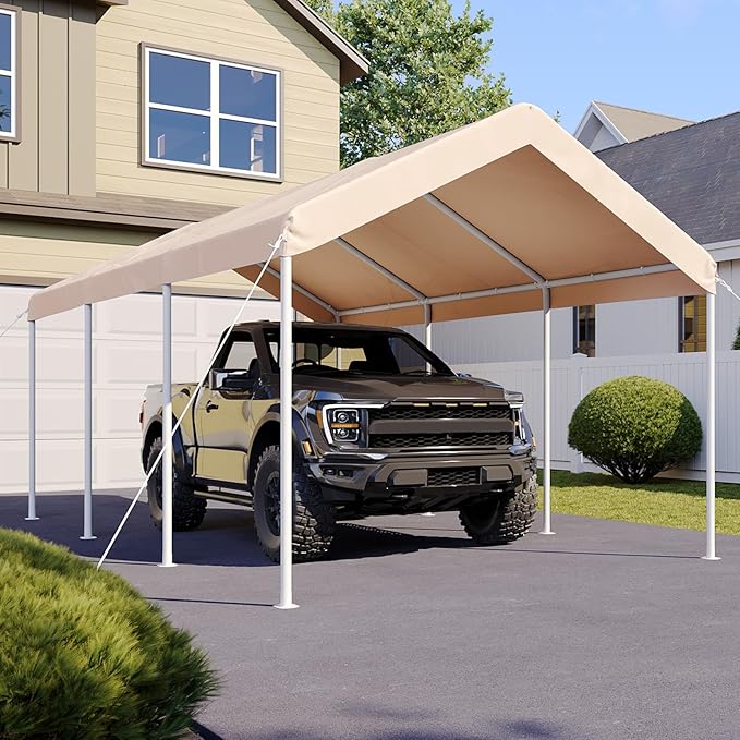 Aoxun 10x20 ft Heavy Duty Carport with Tarp & Wind Resistance Portable Carport Car Tent Outdoor Car Port with Tear Resistant Canopy, No Sidewall - Khaki