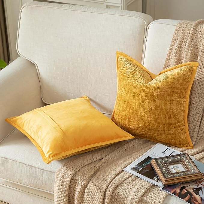 Yaertun Pack of 2 Chenille Textured Decorative Throw Pillow Covers Accent Solid Cushion Cover Soft Cozy Pillow Case with Velvet Back for Couch Sofa Bed Living Room 26x26 Inch Yellow