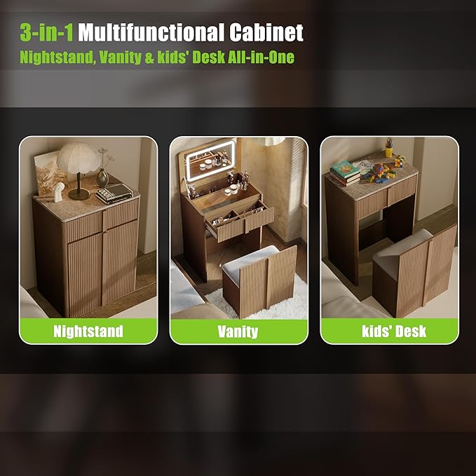 24" Vanity with Chair, Makeup Vanity Desk with Lights and Flip Top Mirror, Natural Oak