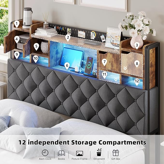 Queen Platform Bed Frame with Headboard and Hidden Storage, Bookcase Bed Frame with Charging Station and Smart LED Lights, Noise-Free,Heavy Duty Metal Support, No Box Spring Needed, Gray