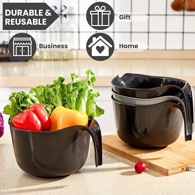 2 Pcs Large Mixing Bowls with Handles, 3.6 qt - Plastic Nesting Bowls for Kitchen, Lightweight Batter Bowls, Easy to Clean, Black & Gray