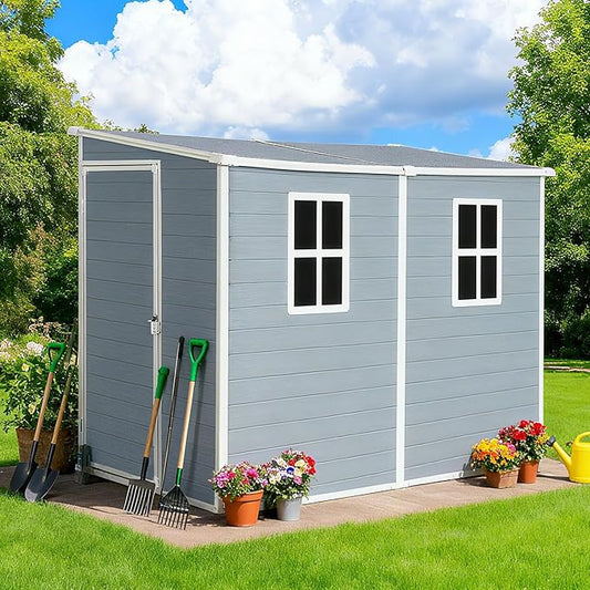 4x8 FT Outdoor Storage Resin Shed with Floor, Waterproof Plastic Garden Tool Shed with Windows, Vents & Lockable Door and Sloped Roof, Easy to Assemble Bike Shed for Patio, Backyard, Lawn, Grey