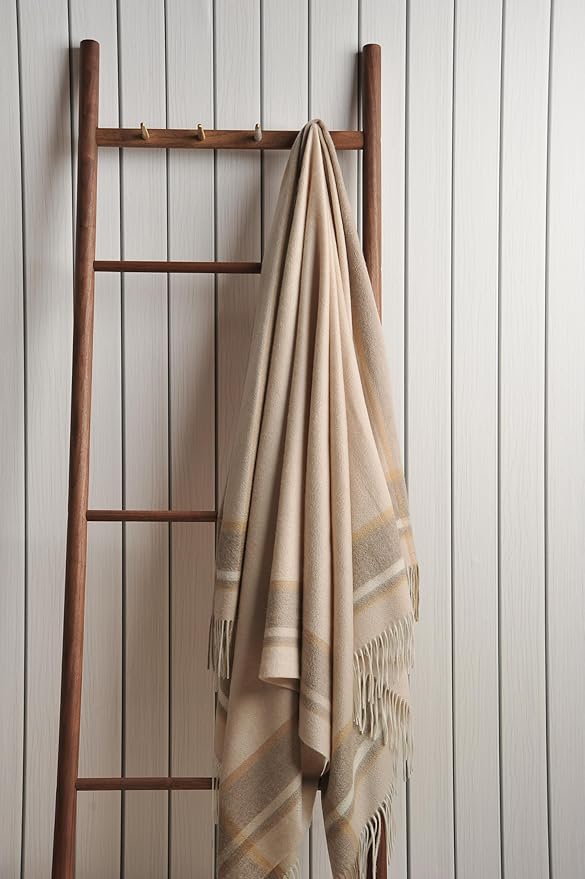 EP Mode 100% Pure Cashmere Throw Blanket for Sofa, Classic Design with Gift Box (Beige Border)