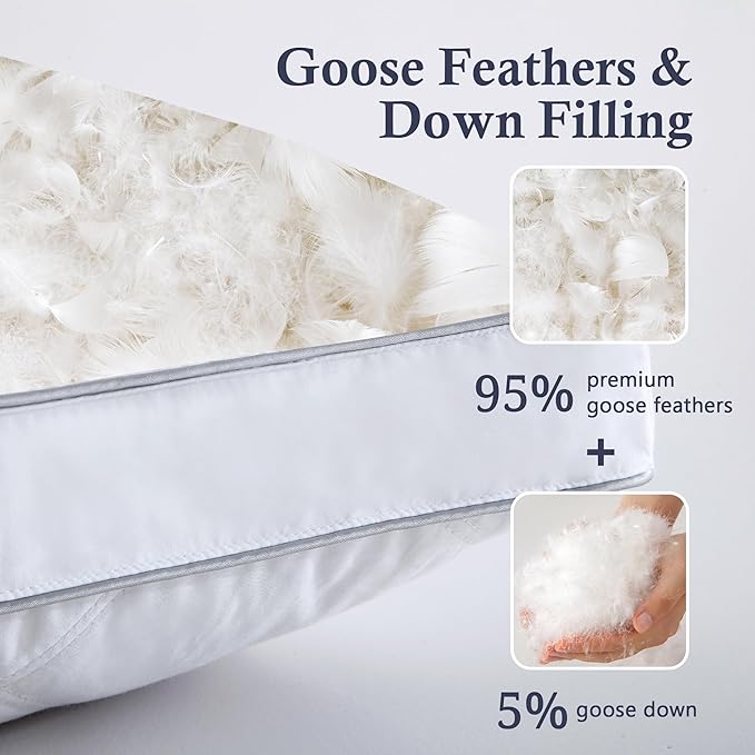 puredown® Goose Feathers and Down Pillows - Made in USA Pillows Standard Size Set of 2, Hotel Pillow with 100% Cotton Cover, Luxury Gusseted Bed Pillows for Sleeping