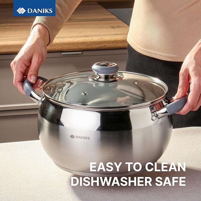 Daniks Modern Stainless Steel Stock Pot with Glass Lid – Induction 4 Quart, Dishwasher Safe, Heatproof Handles, For Soup, Pasta, Stew, Silver