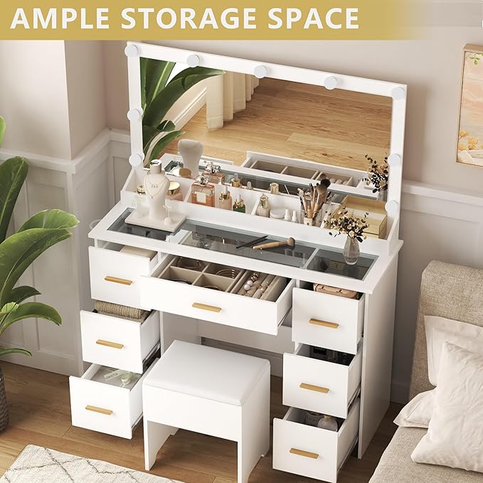 Makeup Vanity Desk with Large Lighted Mirror and Lights, Glass Top Vanity Table Set with 7 Drawers, Power Outlet & Storage Stool, Dressing Table with RGB Ambient Light for Women Girls Bedroom, White