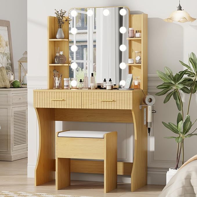 Vanity Desk with LED Lighted Mirror, Makeup Vanity with 3 Adjustable Lights, 2 Large Drawers and 4 Open Shelves, Natural Vanity with Storage Stool for Bedroom