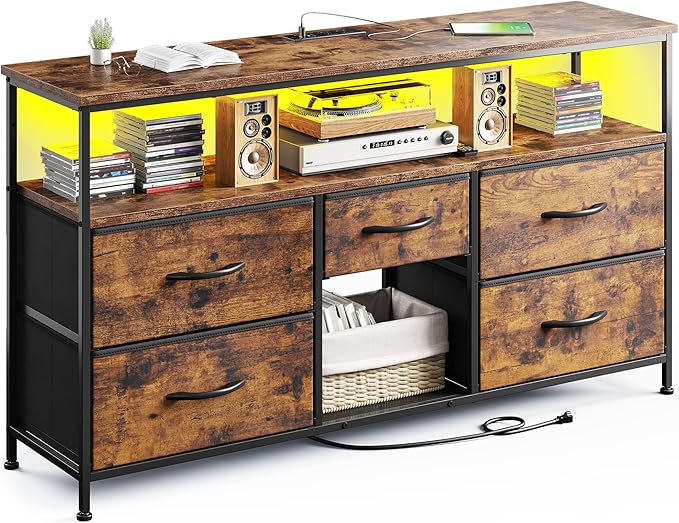 TV Stand Dresser with LED Lights & Power Outlets, Entertainment Center for 50" Inch TV, 5 Drawers TV Stand for Bedroom Dresser with Shelves for Living Room, Sturdy Metal Frame, Rustic Brown