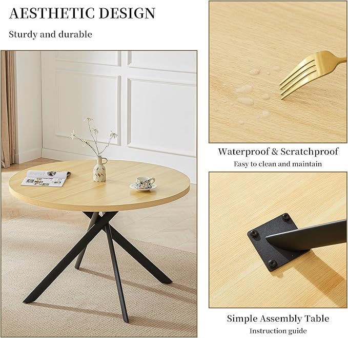 45.3 Inch Modern Round Dining Table for 4, Space-Saving Dinette with Carbon Steel Legs for Home Kitchen Apartment(Cream Table)