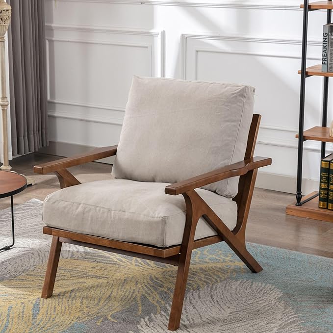 Wahson Mid Century Armchair, Accent Armchair, with Wood Frame and Canvas Cushions, Leisure Slipper Chair for Living Room/Bedroom, Beige