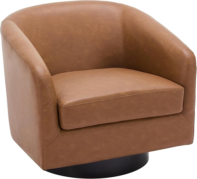 UIXE 360° Swivel Barrel Accent Chair Armchair, PU Leather Round Club Arm Chair for Lving Room, Modern Upholstered Small Bedroom Single Sofa Seat - Brown, Set of 2