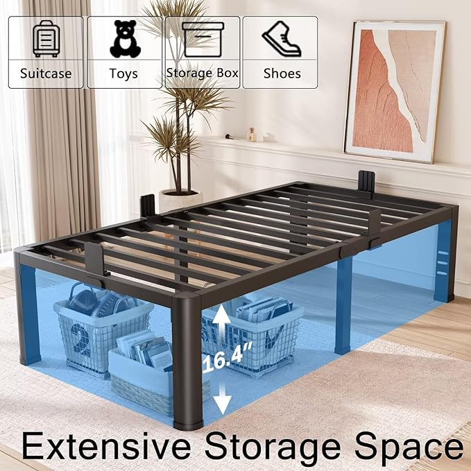 FUIOBYVV 18 Inch Twin XL Bed Frame with Rounded Corner and Headboard Hole Mattress Retainers 3500 LBS Metal Heavy Duty Steel Slats Support No Box Spring Needed Platform Noise Free Easy Assembly