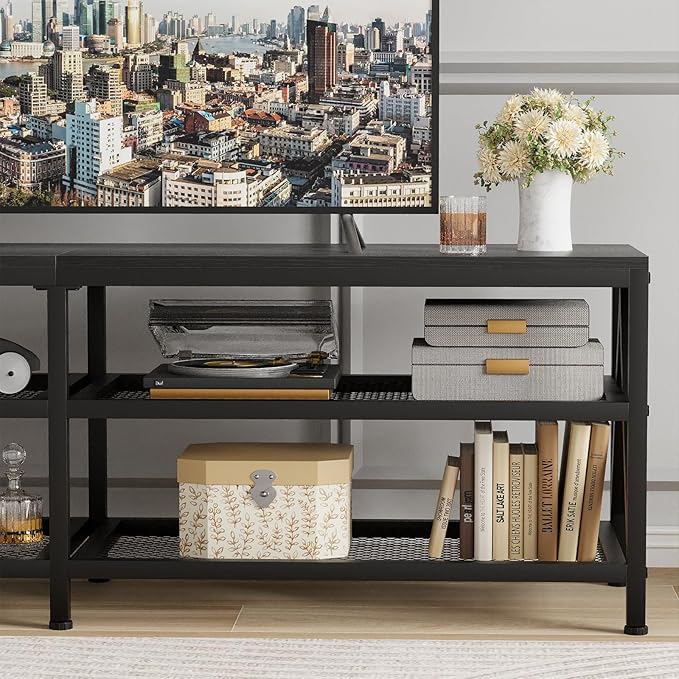 TV Stand for TVs up to 70 Inch, 63" Long Industrial TV Console Table with 3-Tier Storage Shelves, Entertainment Center for Living Room, Bedroom (Black)