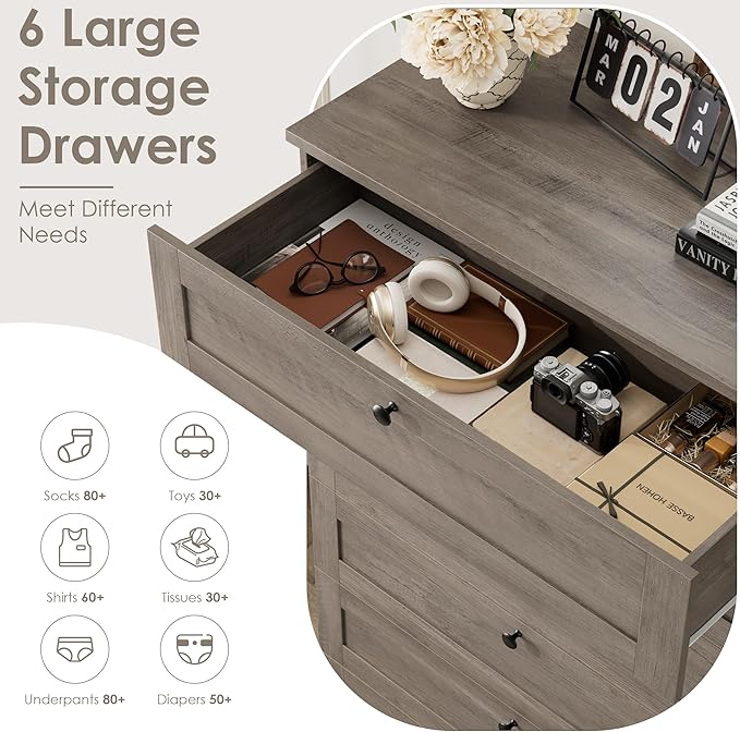 HOSTACK 6 Drawer Dresser for Bedroom, 52" Tall Dresser & Chest of Drawers, 29" W Wood Drawer Chest, Modern Vertical Storage Cabinet for Living Room, Entryway, Hallway