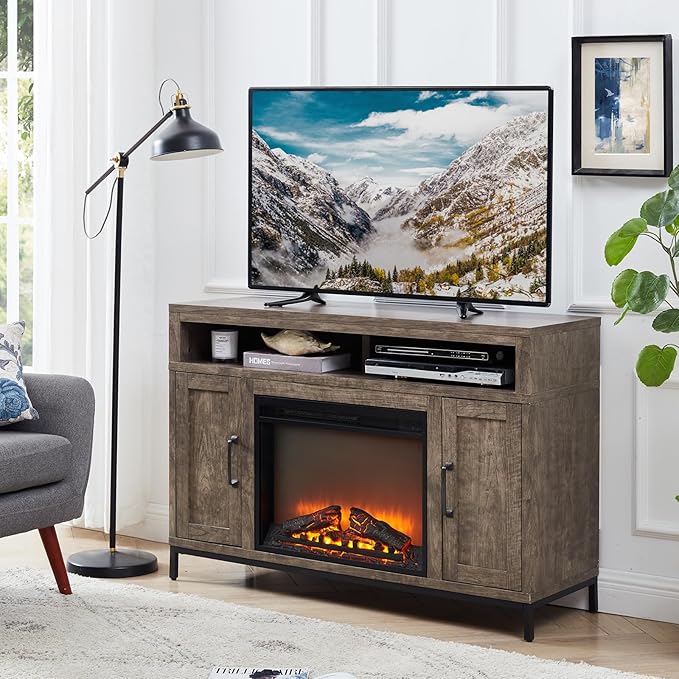 Fireplace TV Stand for TVs Up to 65 Inches, Farmhouse Entertainment Center with 23" Fireplace & LED Lights, Rustic Media Console with Sliding Barn Door and Open Shelves