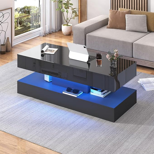 Uspeedy 47.3IN High Glossy LED Coffee Table,Modern Coffee Tables for Living Room,Living Rooms Tables,Large Living Room Furniture,APP LED Lights,Black/White Coffee Table for Livings Room (Black)