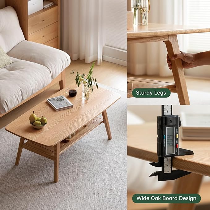 100% Solid Oak Wood Coffee Table for Living Room, 2-Tier Coffee Tables with Shelf Storage, Mid Century Modern Table with Rounded Corners (Natural Colour, 47.24" W x22.05 D x 17.32" H)