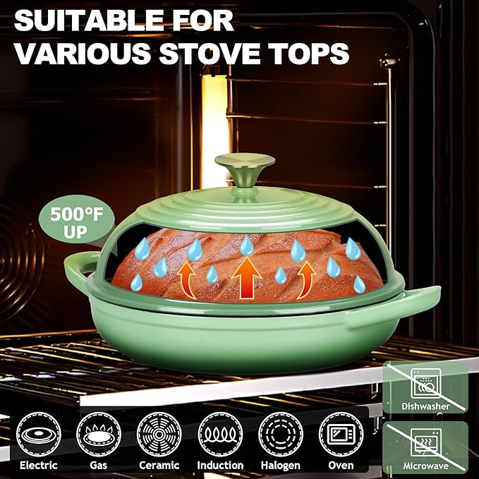 TeamFar Cast Iron Bread Dutch Oven, 6 Qt Enameled Dutch Oven Pot for Sourdough Bread Baking, with Tall Dome Lid & Round Base Pan, Self-Basting & Even-Heating, Heavy-Duty & Non-stick, Pistachio Green