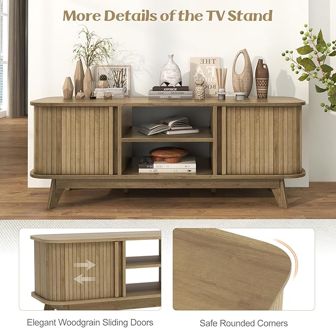 Tangkula Sliding Doors TV Stand for TV up to 55 Inch, Mid Century Modern TV Console Table, Television Cabinet w/ 2 Open Shelves & Sliding Doors, Home Media Entertainment Center for Living Room (Oak)
