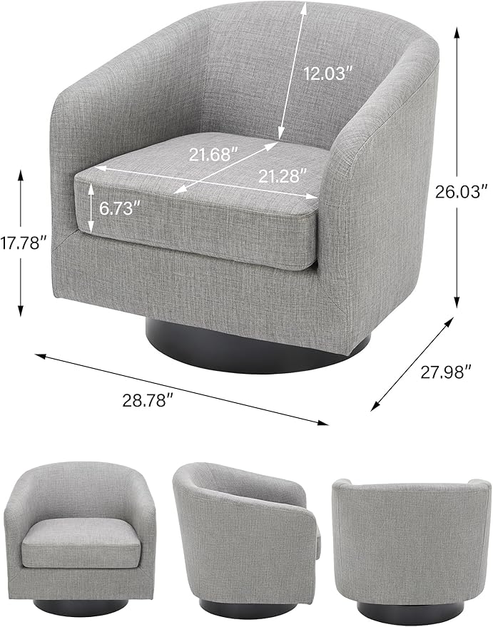 Swivel Barrel Accent Chair, Modern Round Linen Arm Chair for Living Room, Bedroom, Comfy Club Reading Chairs for Adults（Linen Fabric, Light Grey, Set of 1
