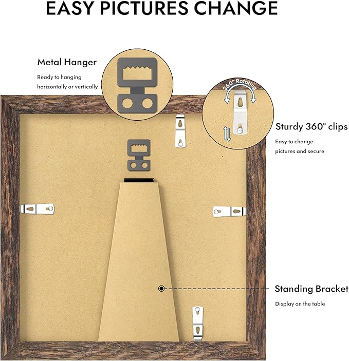 6x6 Picture Frame with Glass, Display Pictures 4x4 with Mat or 6 x 6 without Mat - Wall and Tabletop, 6 by 6 Photo Wooden Frames (Rustic Brown, 1 Pack)