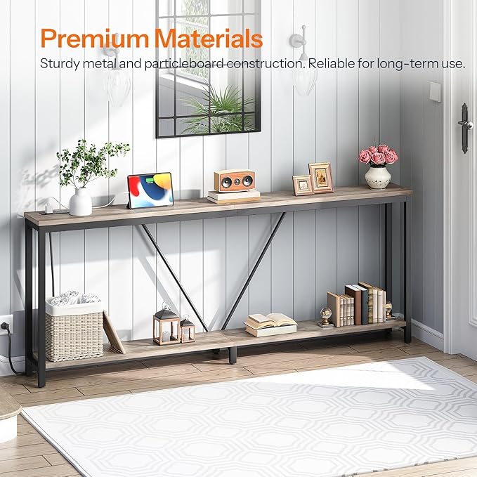 HOOBRO 78.7" Extra Long Sofa Console Table with Charging Station, 2-Tier Behind Couch Table with V-Brace, for Narrow Entryway, Hallway, Living Room, Greige BG206UXG01