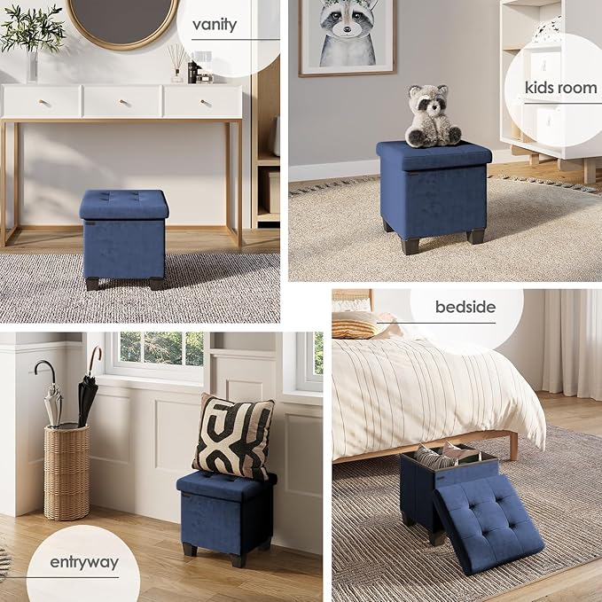 STORAGEBUD Storage Ottoman Cube with Small Bin, 15-in Square Ottoman with Storage for Living Room and Bedroom, Small Ottomans Foot Rest, Velvet Foot Stools Ottomans Max 330lbs, Blue