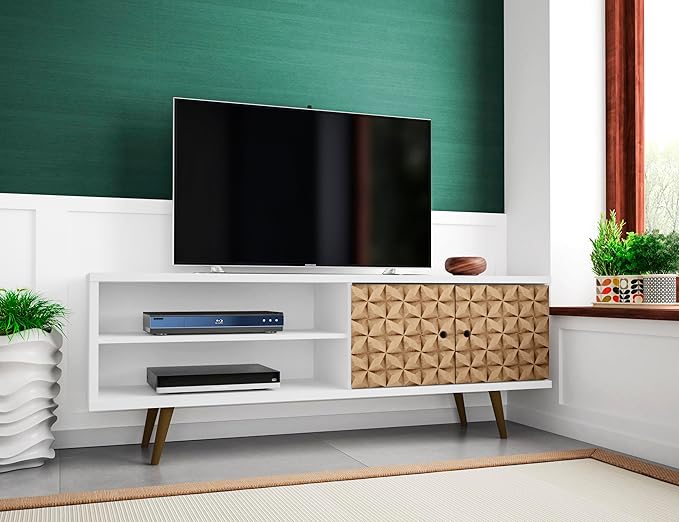Manhattan Comfort Liberty Mid Century Modern TV Stand for Televisions up to 60 Inches, Bedroom and Living Room Entertainment Center with Storage, Shelves, and Cabinet, 63" Wide, White/3d Print