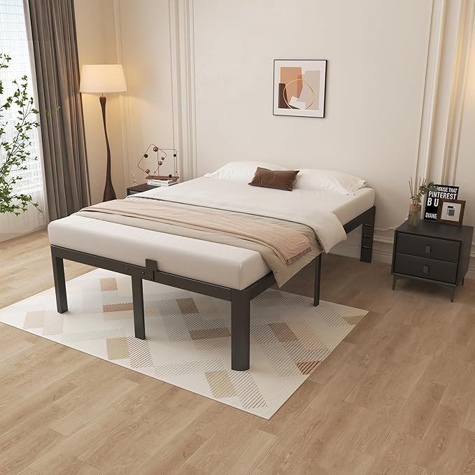 16 Inch Black Bed Frame Queen Size, Metal Platform Queen Bed Frame with Anti-Slip Baffles, No Box Spring Needed, Heavy Duty Steel Platform Support, Round Corner Design, Storage Space, Noiseless
