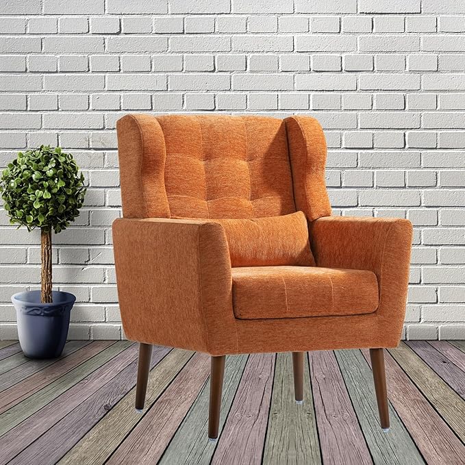Accent Chair, Comfy Upholstered Living Room Chairs with High Tufted Backrest and Pillow, Wingback Reading Chair with Solid Wood Legs for Bedroom/Office, Chenille Fabric, Orange