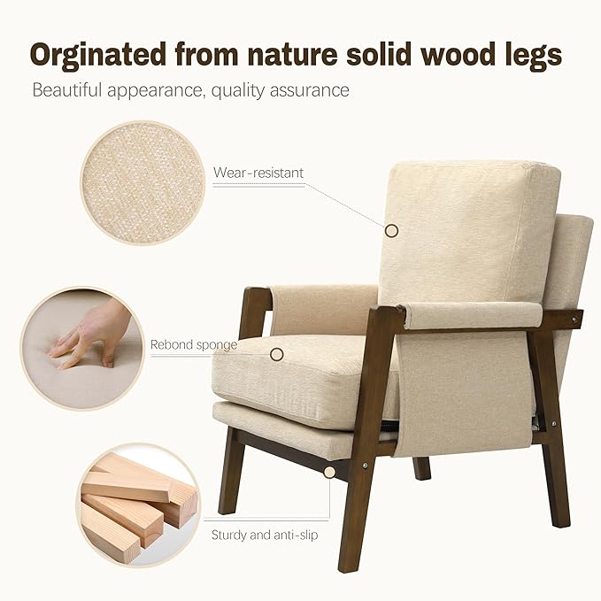 Modern Accent Chair for Living Room Mid Century Arm Chair Upholstered Bedroom Chair Comfy Lounge Chair with Solid Wood Frame, Beige