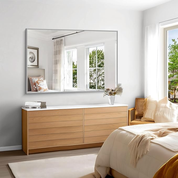 KOCUUY Large Silver Bathroom Mirror, 55x36 inch Rectangular Mirror for Bathroom Sink, Oversized Mirror with Metal Brushed Nickel Frame for Living Room, Farmhouse, Entryway, Hang Horizontal/Vertical