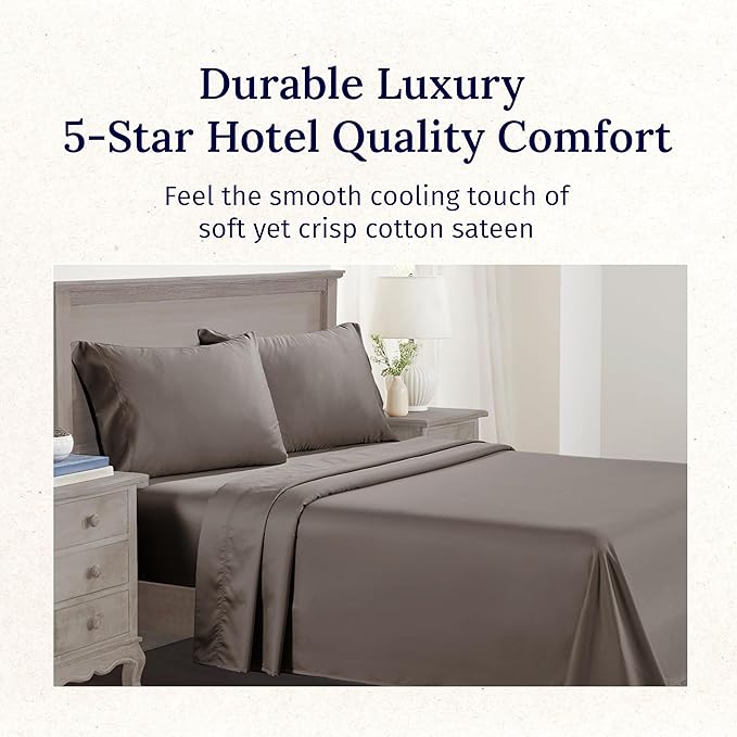 California Design Den Twin Bed Sheets 100% Cotton, 600 Thread Count Sateen, Soft, Cooling Brown Twin Sheet Set, Hotel-Quality Bedding with Deep Pockets (Mushroom Brown)