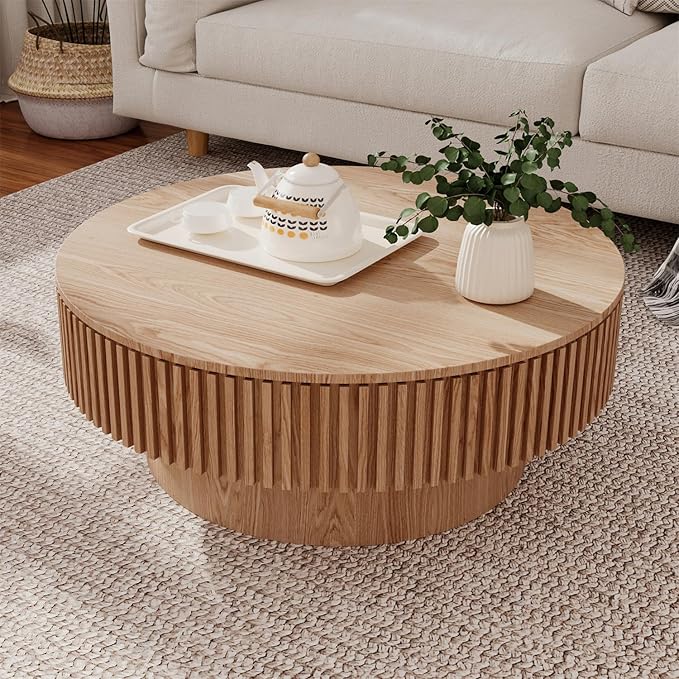 Round Coffee Table for Living Room, Accent Fluted Drum Coffee Table with Storage, Modern Solid Wood Veneered Circle Center Tea Table for Small Space Apartment (31.5''D×14''H-Natural)