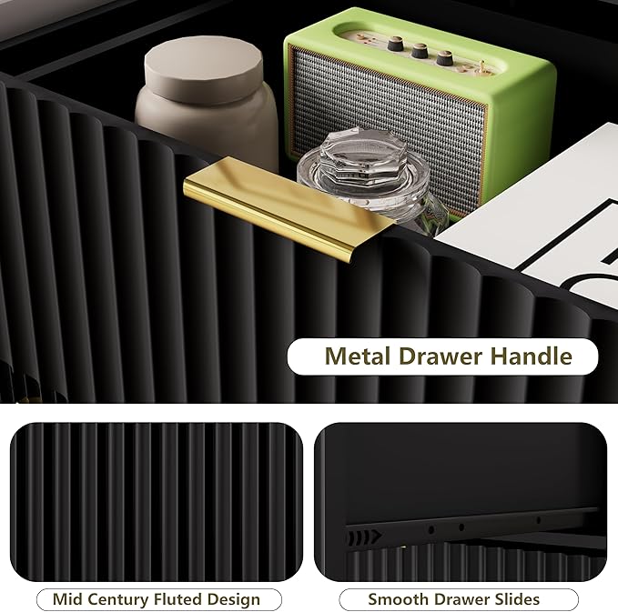 Fluted Dresser for Bedroom, 8 Drawer Dressers & Chest of Drawers, Mid Century Modern Dresser for Closet Boho Bedroom Furniture, Black Wood Chest of Drawers Storage Organizer for Living Room, Black