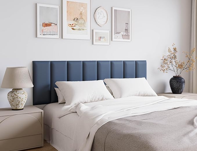 Leather Blue Stick-On Headboard Queen Size Only, 12PCS Upholstered Wall Mounted Bed Panels, Tufted Cabeceras de Cama Queen, Bedroom Decor, 10"x24" Each, Leather - Blue
