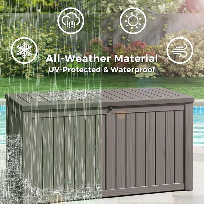 150 Gallon Resin Deck Box, Large Indoor and Outdoor Storage Box, Weatherproof and UV Resistant Outdoor Storage Box with Built-in Steel Beams for Patio, Cushions, Pool Supplies
