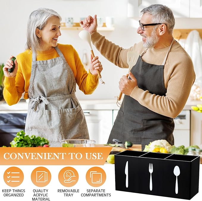 Suzile Acrylic Cutlery Storage Organizer Bin Silverware Caddy Countertop Knife Spoon and Fork Holder Kitchen 3 Section Tableware Storage Box for Cabinet Indoor Home Flatware Dining Room(Black,L)