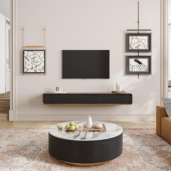 Fully-Assembled Minimalist Floating TV Stand, Modern Wall-Mounted Entertainment Center with 3 Flip-Down Cabinet Doors, Solid Wood, Walnut Veneer, 78"