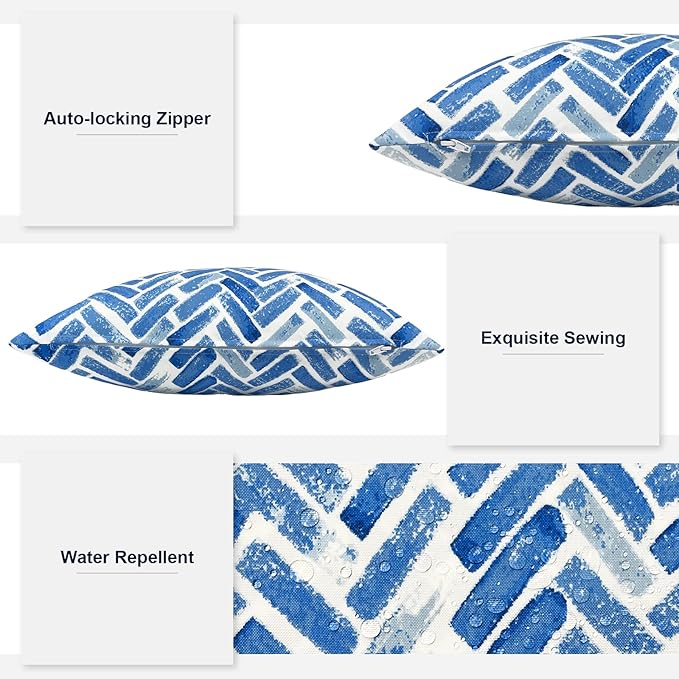 Outdoor/Indoor Lumbar Pillows, Water Repellent Cushion Pillows, 12x20 Inch, Outdoor Pillows with Inserts for Home Garden, Pack of 2, Blue Bricks