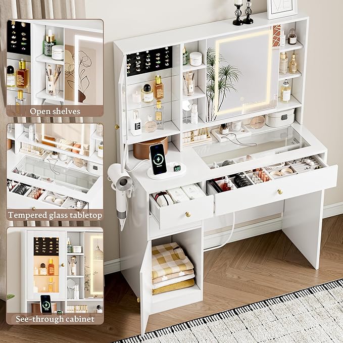 Vanity Desk with Mirror and Lights Makeup Vanity Desk with Lights 3 Colors 38" Dressing Table with Drawer and Cabinet for Bedroom Transparent Glass Top Power Outlet for Bedroom White